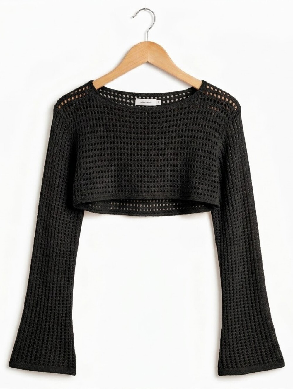 271 | Open Knit Long Sleeve Crop Sweater Top - Black